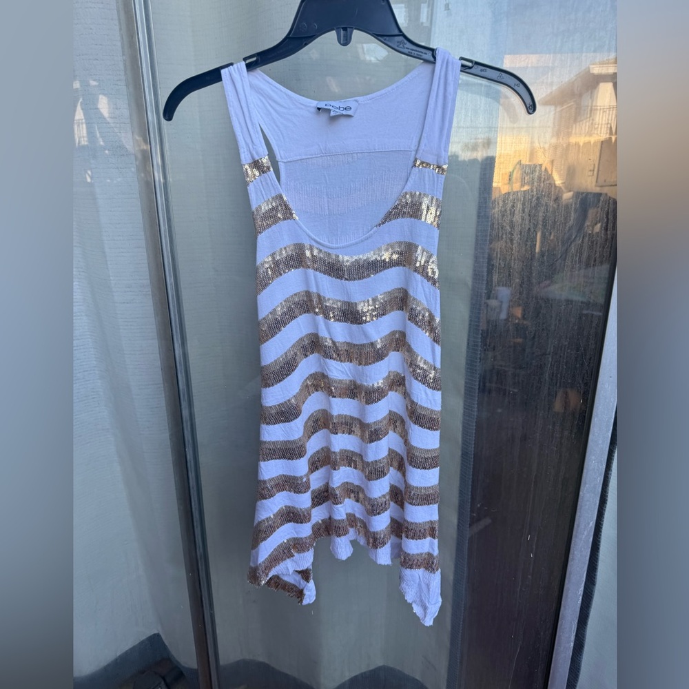 Bebe White Knit Top bebe gold sequence, striped shirt, tank top